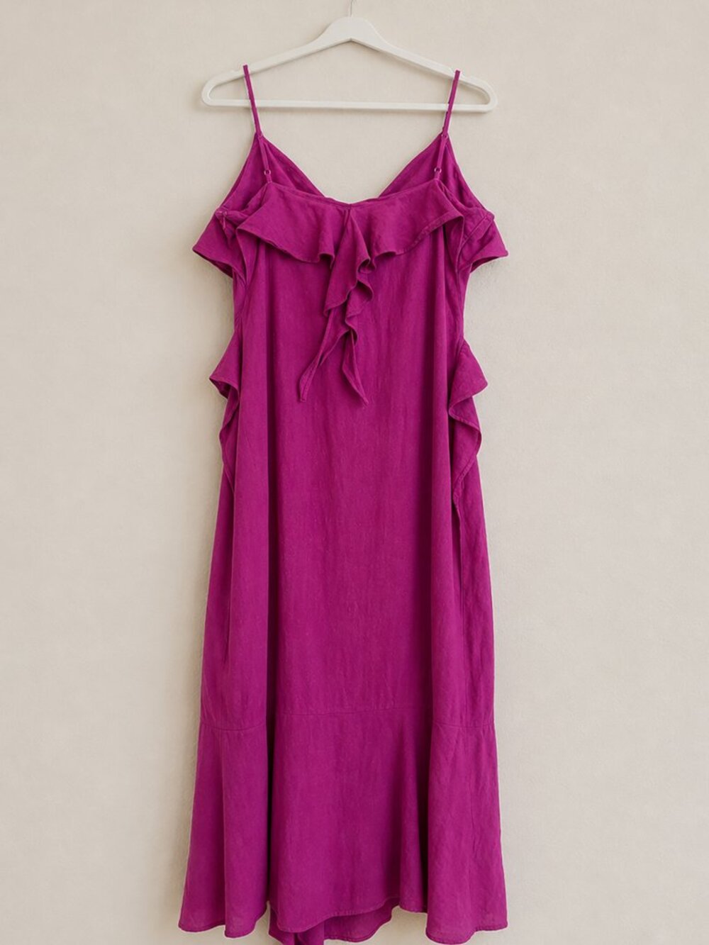 ZARA Linen Blend Ruffle Maxi Dress L Fuchsia Pink Front Slit Adjustable Straps - Picture 2 of 16